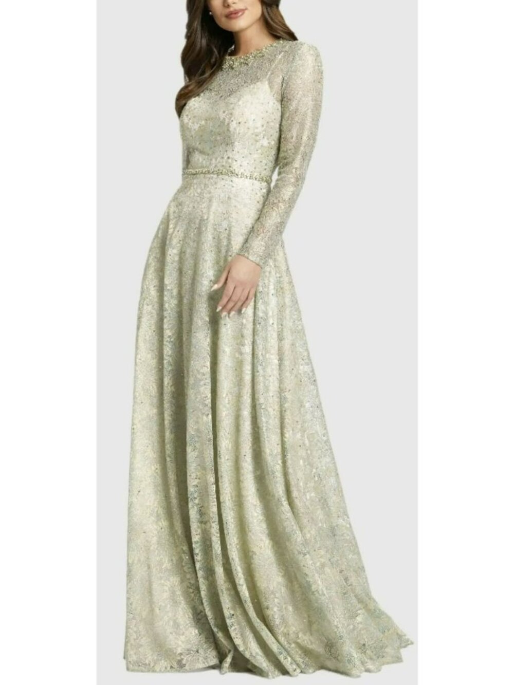 Mac Duggal Green Floral Lace Jewel Formal Gown Maxi Dress Sz 16 NWT